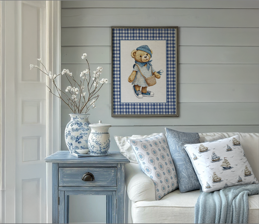 Bear Girl Nursery Artwork Kids Room Decor Gingham Wall Art Watercolor Artwork Whimsical Bear Wall Art Vintage Bear Artwork Preppy Print