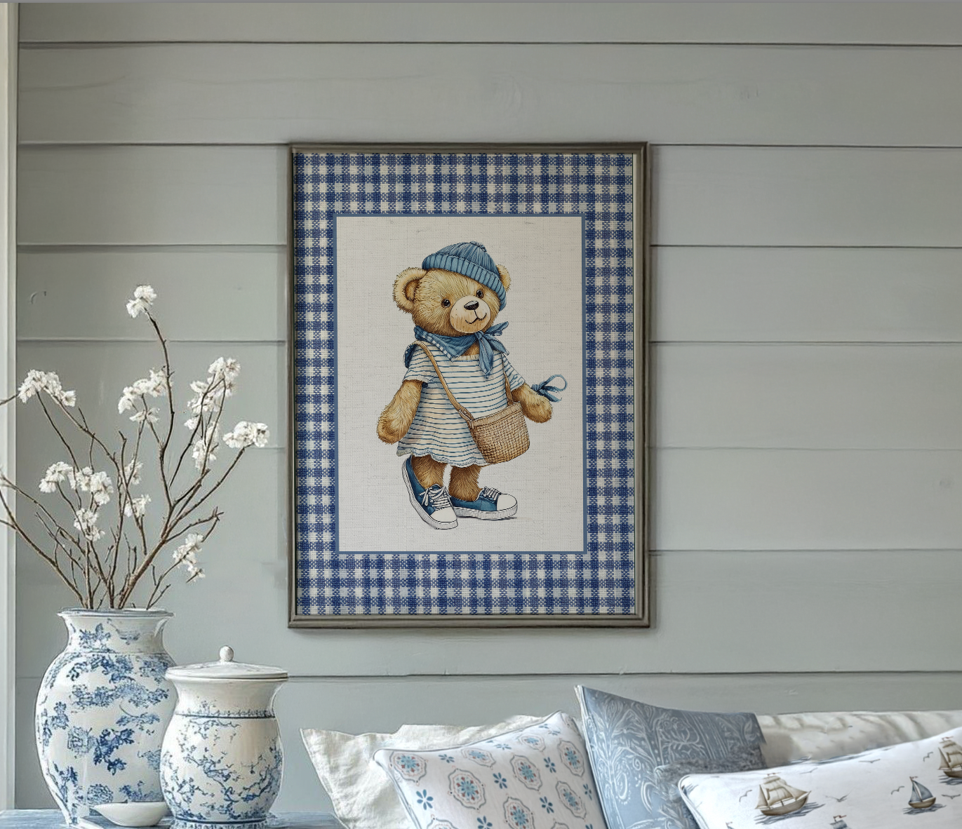 Bear Girl Nursery Artwork Kids Room Decor Gingham Wall Art Watercolor Artwork Whimsical Bear Wall Art Vintage Bear Artwork Preppy Print