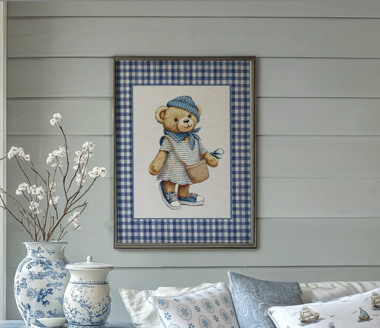 Bear Girl Nursery Artwork Kids Room Decor Gingham Wall Art Watercolor Artwork Whimsical Bear Wall Art Vintage Bear Artwork Preppy Print
