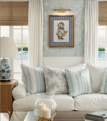 Bear Girl Nursery Artwork Kids Room Decor Gingham Wall Art Watercolor Artwork Whimsical Bear Wall Art Vintage Bear Artwork Preppy Print