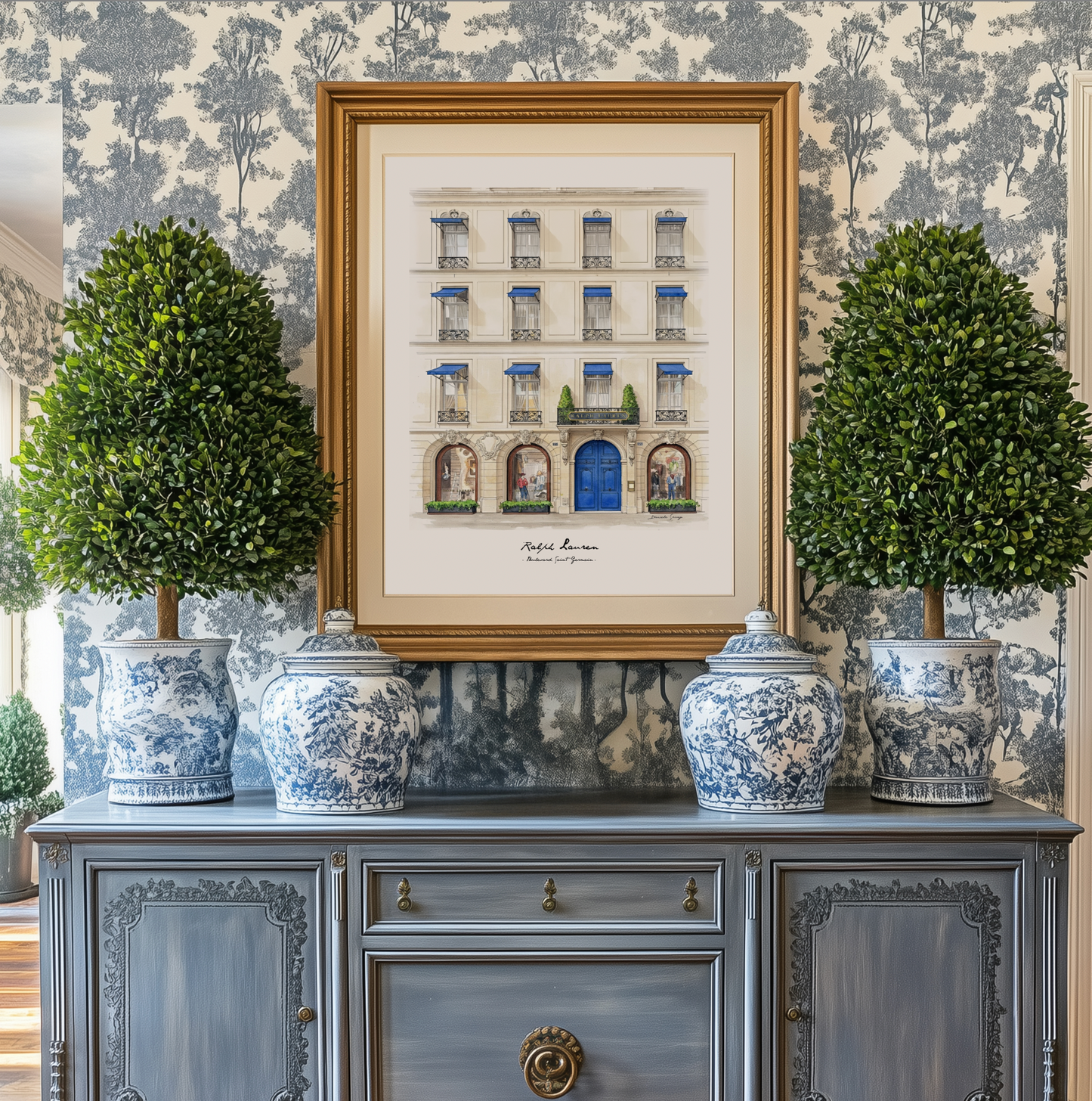 Set of 3 Paris Prints  Parisian Wall Art with Haussmann Architecture, Ralph Lauren Store,  Balcony Scene & Saint-Germain Illustration