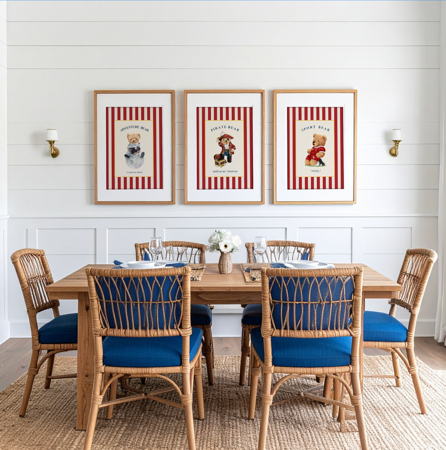 Gallery Set of 3 Vintage Bear Prints on Red Striped Wallpaper