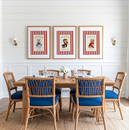 Gallery Set of 3 Vintage Bear Prints on Red Striped Wallpaper