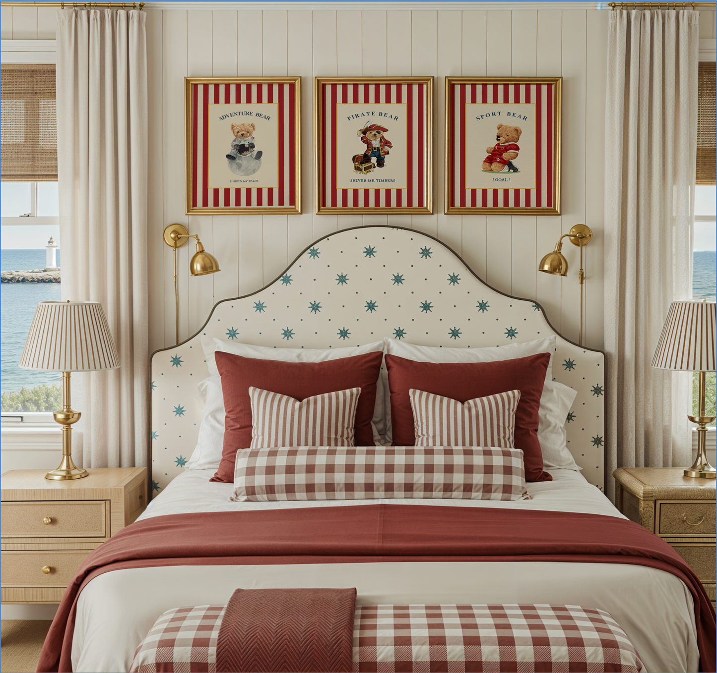 Gallery Set of 3 Vintage Bear Prints on Red Striped Wallpaper