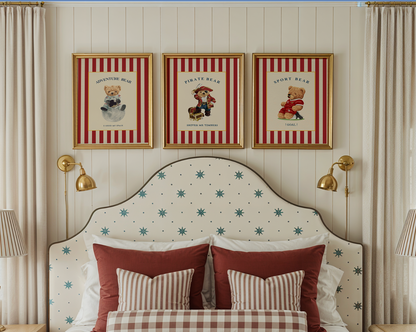 Gallery Set of 3 Vintage Bear Prints on Red Striped Wallpaper