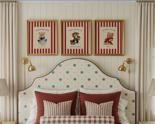 Gallery Set of 3 Vintage Bear Prints on Red Striped Wallpaper