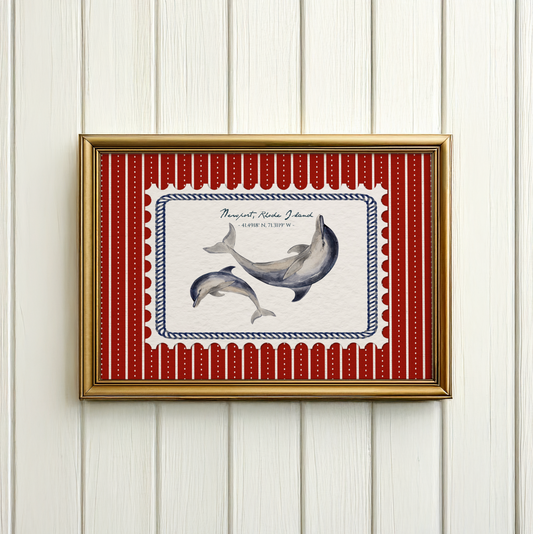Newport Rhode Island Artwork Dolphin Print Lobster Illustration Coastal Wall Art Nantucket Harbor Art