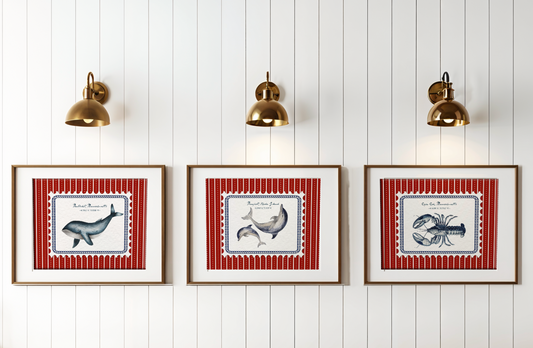 Newport Rhode Island Artwork Dolphin Print Lobster Illustration Coastal Wall Art Nantucket Harbor Art