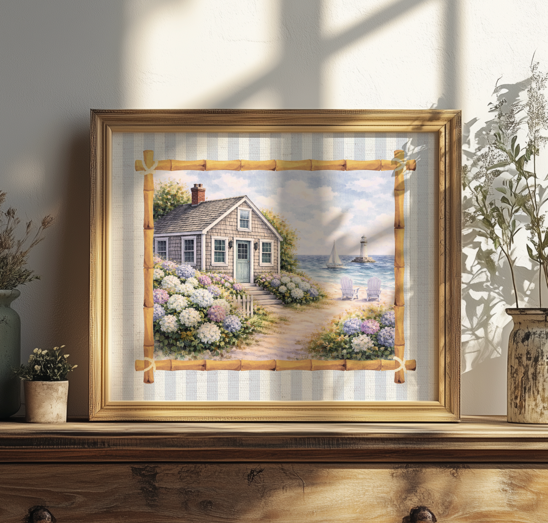 Nantucket Cottage Sailboat Art White Hydrangea Coastal Wall Art Nantucket Harbor Artwork