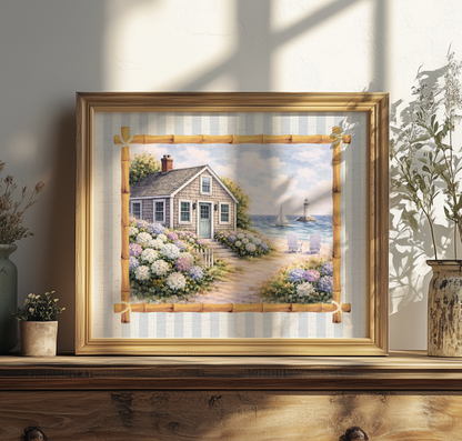 Nantucket Cottage Sailboat Art White Hydrangea Coastal Wall Art Nantucket Harbor Artwork