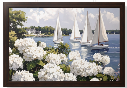 Nantucket Harbor Sailboat Art White Hydrangea Coastal Wall Art Nantucket Harbor Artwork