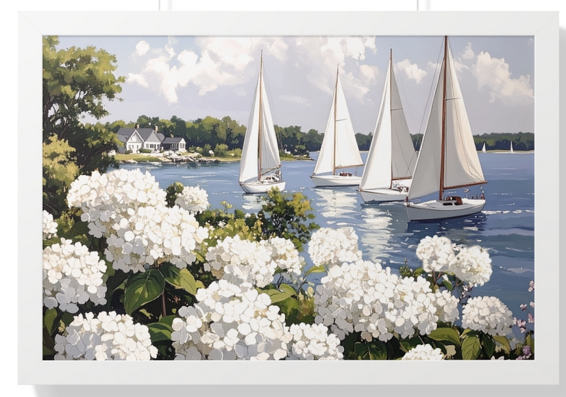 Nantucket Harbor Sailboat Art White Hydrangea Coastal Wall Art Nantucket Harbor Artwork