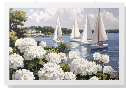 Nantucket Harbor Sailboat Art White Hydrangea Coastal Wall Art Nantucket Harbor Artwork