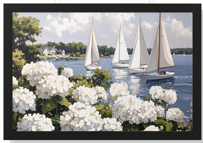Nantucket Harbor Sailboat Art White Hydrangea Coastal Wall Art Nantucket Harbor Artwork