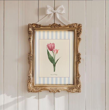 Blue Stripe Set of 3 Vintage Watercolor Flowers, Garden Rose, Lily of the Valley and Sunset Tulip