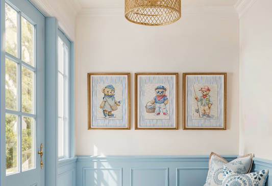 Set of 3 Bear Prints Striped Artwork Gallery Wall Art Hamptons Bear Illustrations
