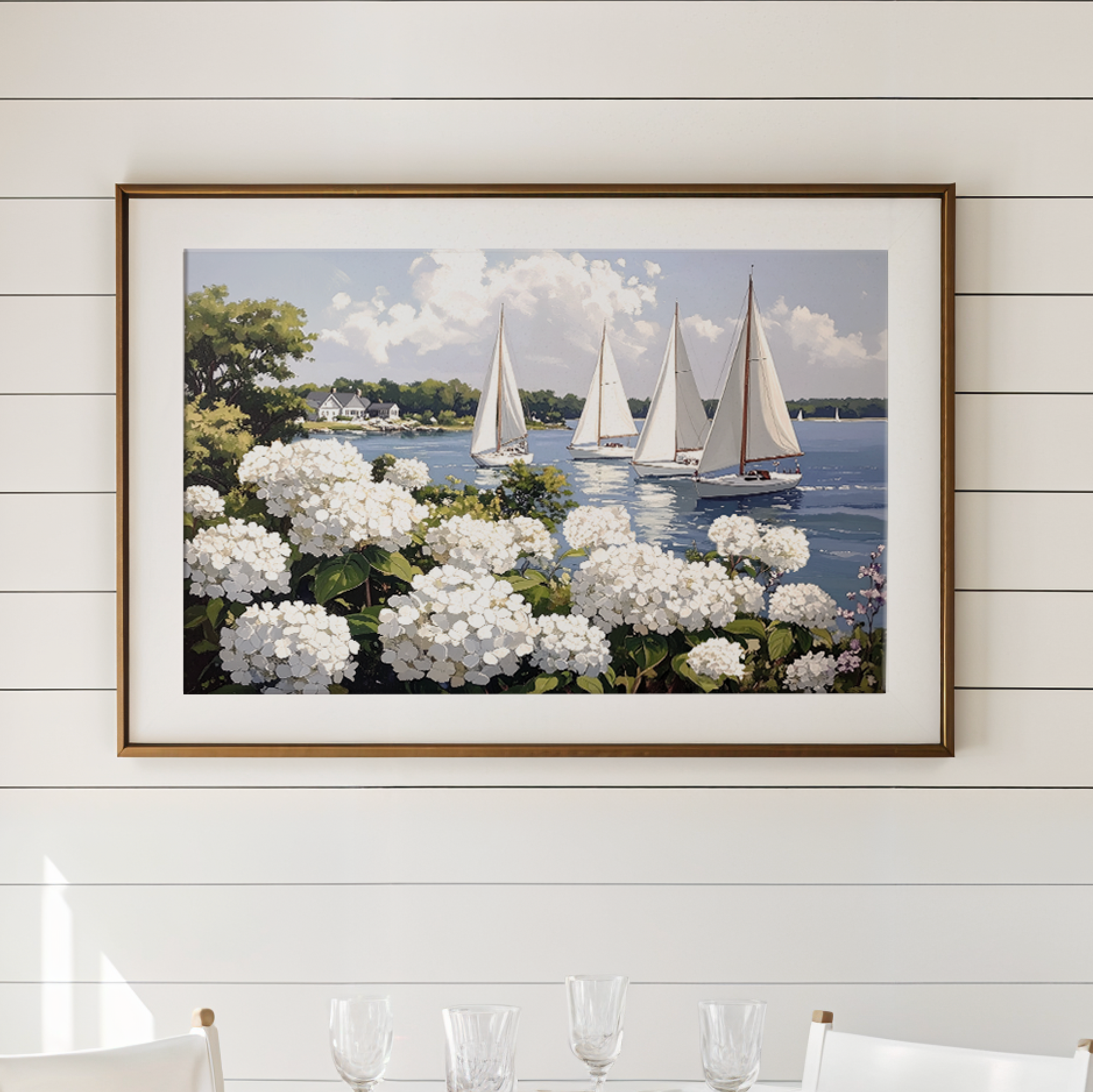 Nantucket Harbor Sailboat Art White Hydrangea Coastal Wall Art Nantucket Harbor Artwork