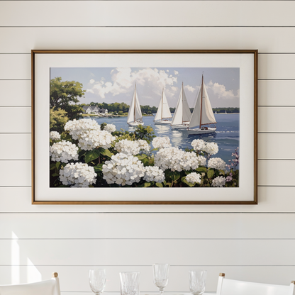 Nantucket Harbor Sailboat Art White Hydrangea Coastal Wall Art Nantucket Harbor Artwork