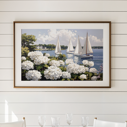 Nantucket Harbor Sailboat Art White Hydrangea Coastal Wall Art Nantucket Harbor Artwork