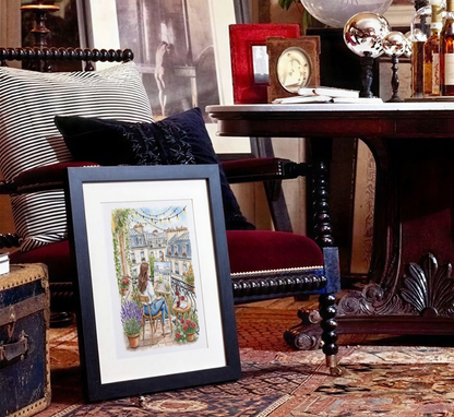 Parisian Balcony Painting Whimsical Paris Art Print with Fairy Lights & Haussmann Architecture