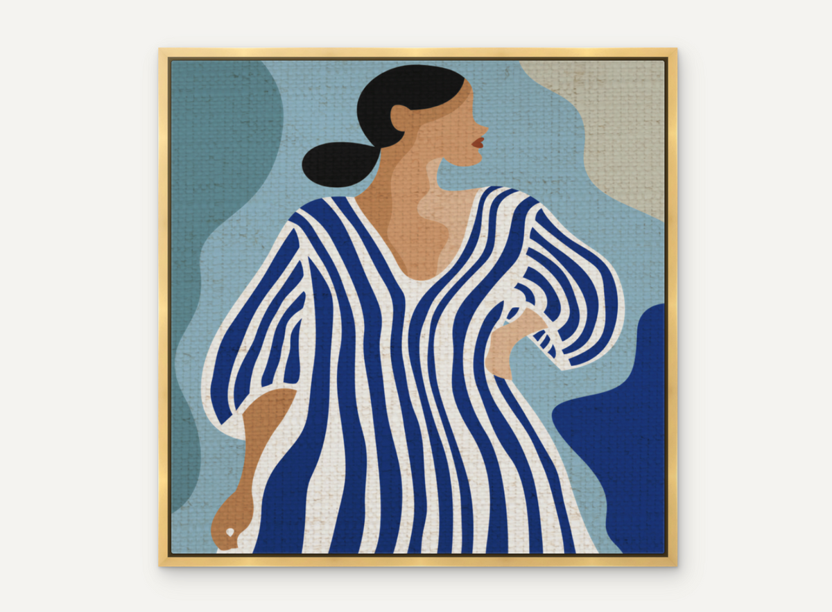 Côte d’Azur Art Print I Blue Muse Art Print I Woman in Striped Dress I Contemporary Coastal Wall Art I Blue & White Artwork, French Riviera Decor, Modern Summer Art
