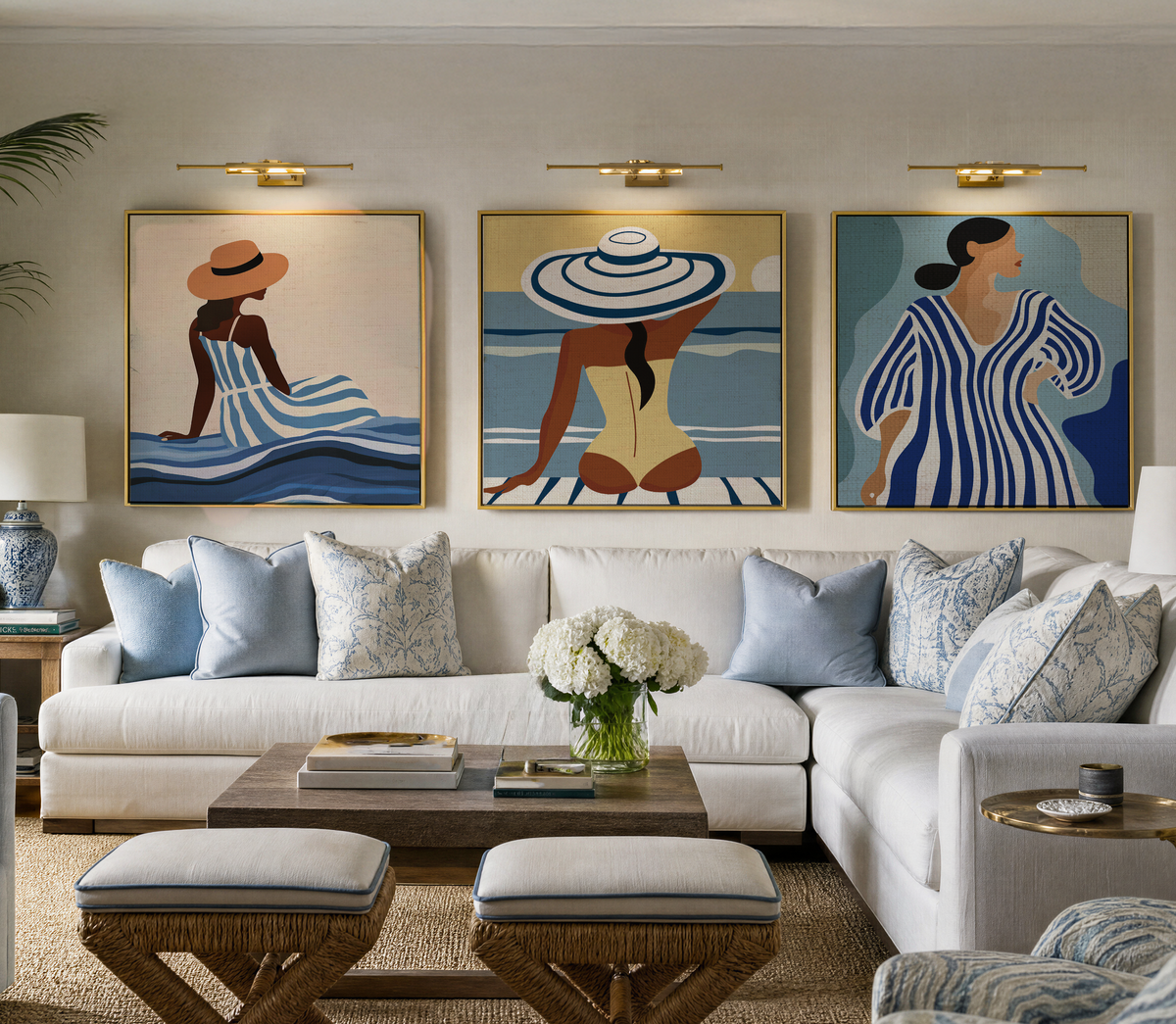 Côte d’Azur Art Print I Blue Muse Art Print I Woman in Striped Dress I Contemporary Coastal Wall Art I Blue & White Artwork, French Riviera Decor, Modern Summer Art