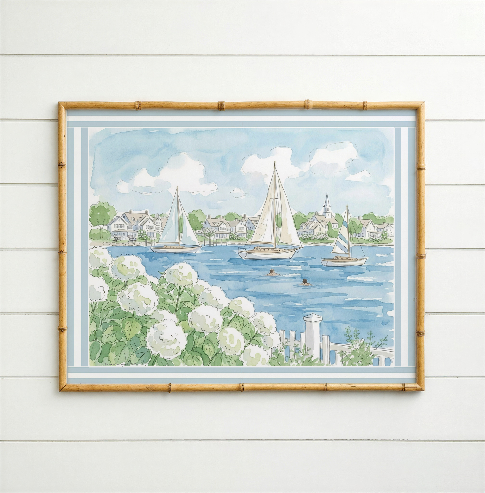 Seaside New England Watercolor Print Coastal Wall Art New England Beach House Decor Nautical Harbor Artwork