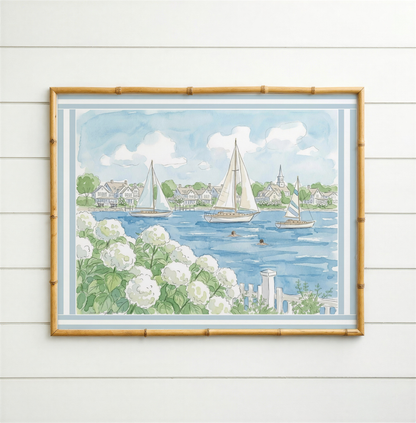 Seaside New England Watercolor Print Coastal Wall Art New England Beach House Decor Nautical Harbor Artwork