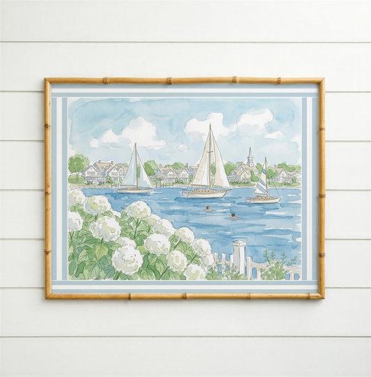 Seaside New England Watercolor Print Coastal Wall Art New England Beach House Decor Nautical Harbor Artwork