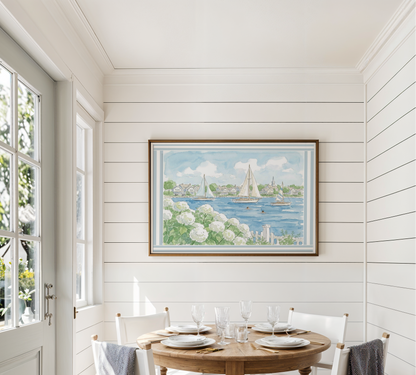 Seaside New England Watercolor Print Coastal Wall Art New England Beach House Decor Nautical Harbor Artwork