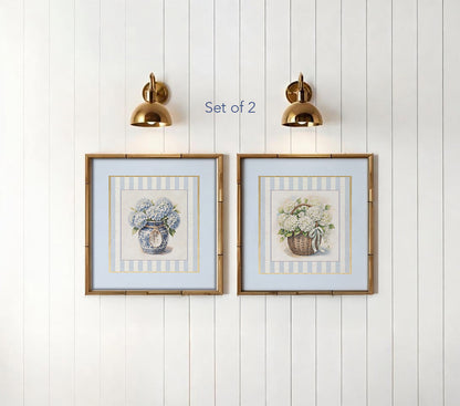 Hydrangea Basket Watercolor Set of 2 Prints Blue & White Ginger Jar Illustration with Sea Blue Border