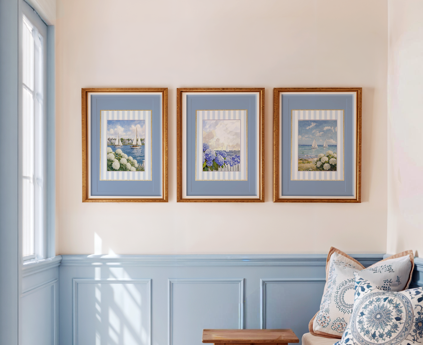 Coastal Watercolor Set of 3 with Blue Border, Nantucket Print Cape Cod Illustration Hydrangea Artwork