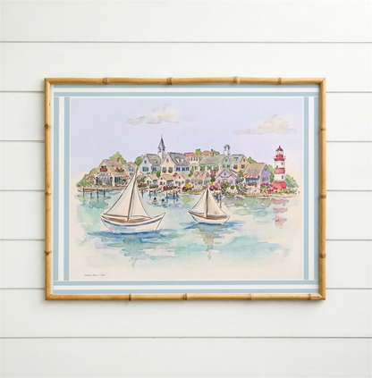 Shoreline Stories Watercolor Print  New England Coastal Village Wall Art  Beach House Decor Lighthouse Sailboat Illustration