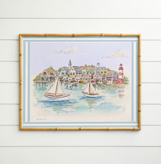 Shoreline Stories Watercolor Print  New England Coastal Village Wall Art  Beach House Decor Lighthouse Sailboat Illustration