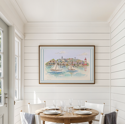 Shoreline Stories Watercolor Print  New England Coastal Village Wall Art  Beach House Decor Lighthouse Sailboat Illustration