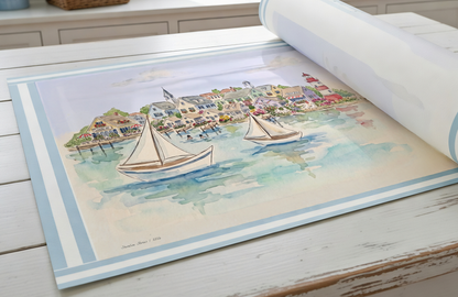 Shoreline Stories Watercolor Print  New England Coastal Village Wall Art  Beach House Decor Lighthouse Sailboat Illustration