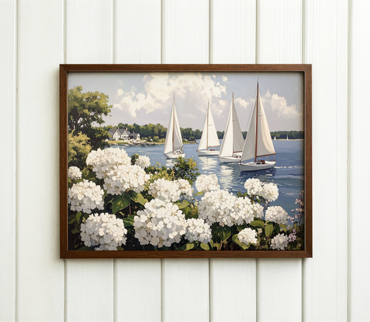 Nantucket Harbor Sailboat Art White Hydrangea Coastal Wall Art Nantucket Harbor Artwork