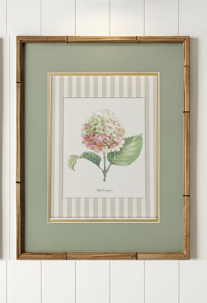 Hydrangea Watercolor Print on Striped Background