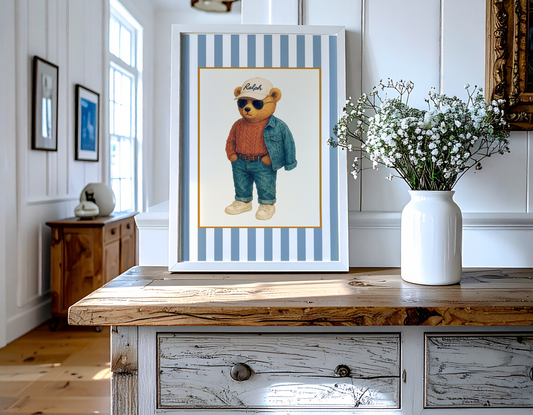 Vintage Striped Preppy Bear Print, Coastal Cape Cod Illustration, Hamptons Artwork