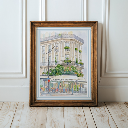 An Afternoon at Café de Flore Paris Café Wall Art Print | Saint-Germain Watercolor & Ink Illustration