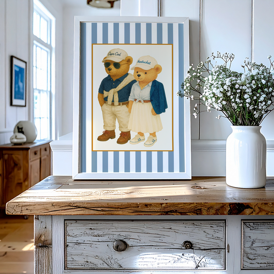 Vintage Cape Cod and Nantucket Bear Print, Coastal Striped Artwork in Denim Blue