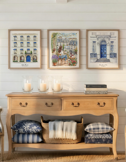 Set of 3 Paris Prints  Parisian Wall Art with Haussmann Architecture, Ralph Lauren Store,  Balcony Scene & Saint-Germain Illustration