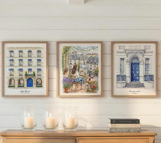 Set of 3 Paris Prints  Parisian Wall Art with Haussmann Architecture, Ralph Lauren Store,  Balcony Scene & Saint-Germain Illustration