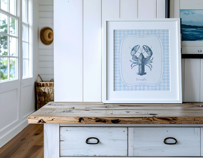 Lobster Print Coastal Artwork Blue White Gingham