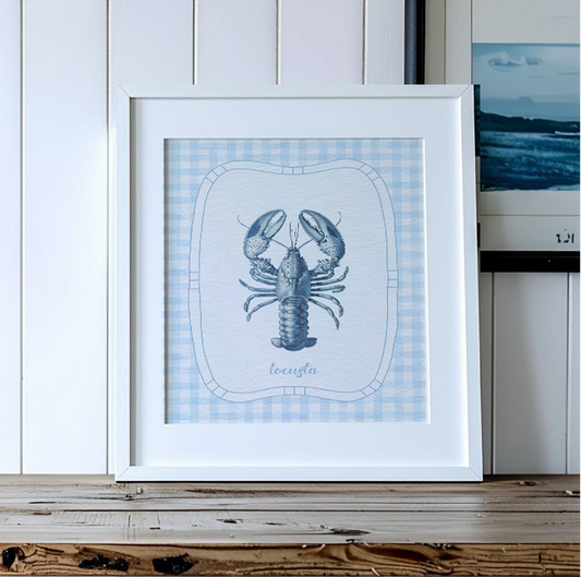 Lobster Print Coastal Artwork Blue White Gingham