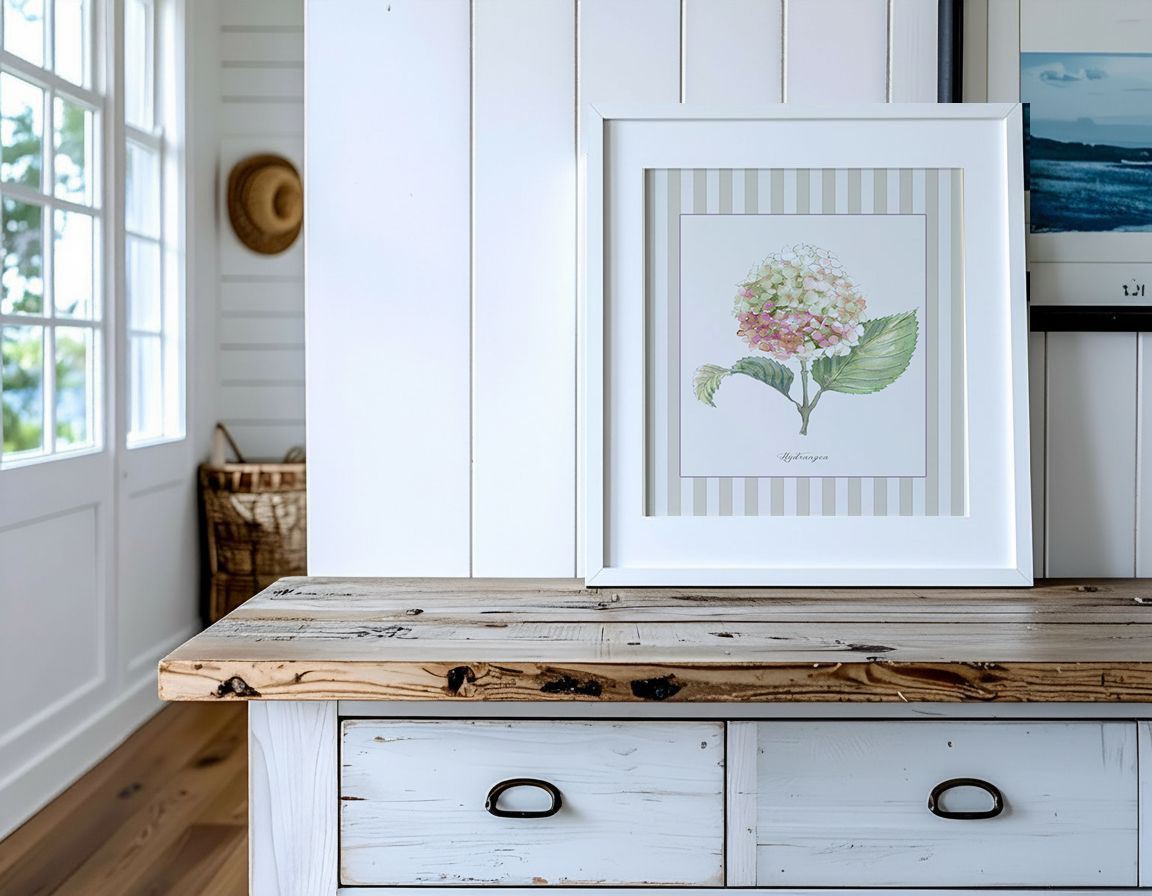 Hydrangea Watercolor Print on Striped Background