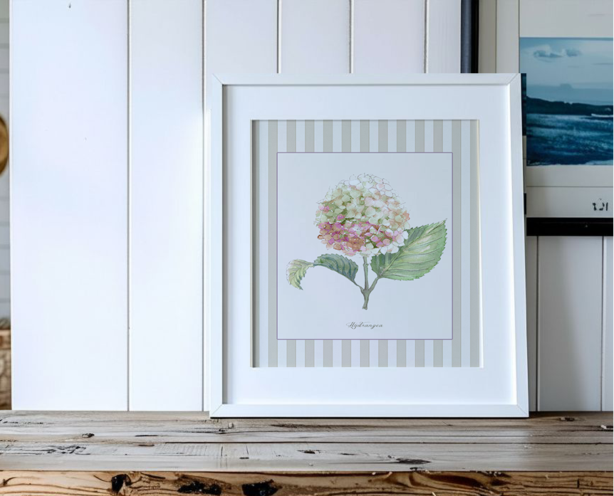 Hydrangea Watercolor Print on Striped Background