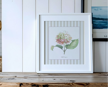 Hydrangea Watercolor Print on Striped Background