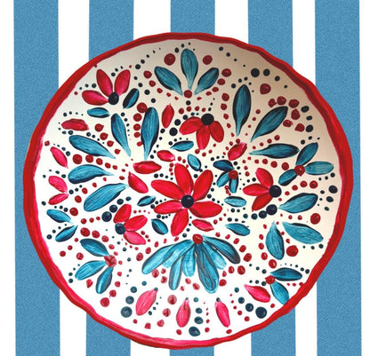 Modern Floral Wall Art Colorful Blue And White Striped Artwork