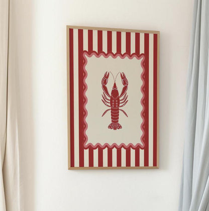 Lobster Print Striped Artwork Nautical Kitchen Wall Art